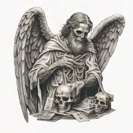 A Man While Dying Holding Angel And Death Tarot Card