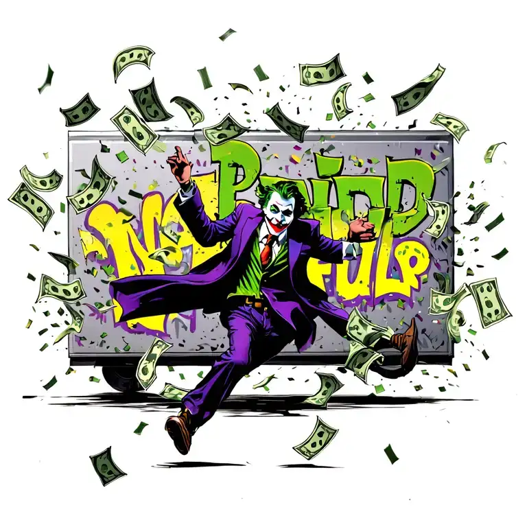 Joker Running Out Of Bank With Money Falling From Sky With Graffiti Writing Paid N Full