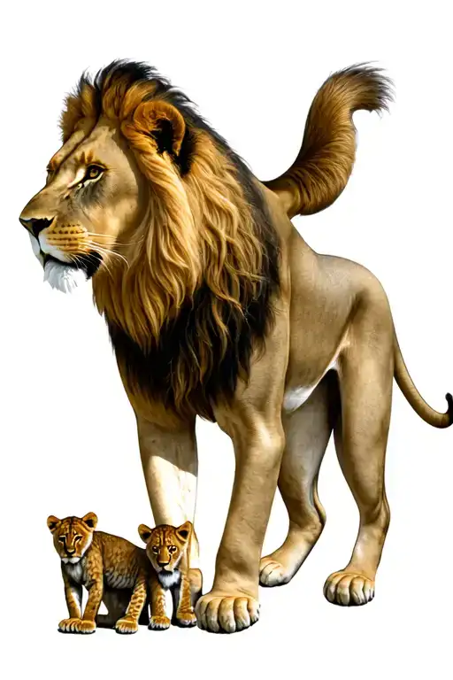 1 Male Lion With 1 Female Lion With 3 Baby Lions