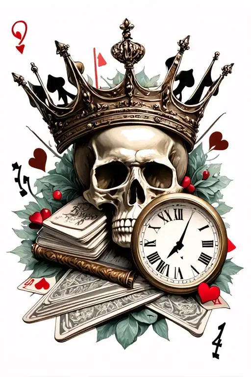 Skull And Crown And Clock And Cards