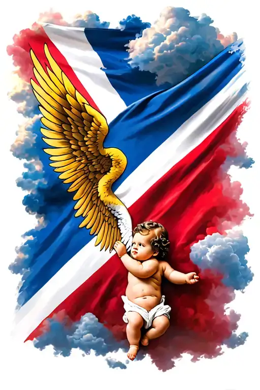 Dominican Flag With Clouds And A Baby Angel With Wings Spreading