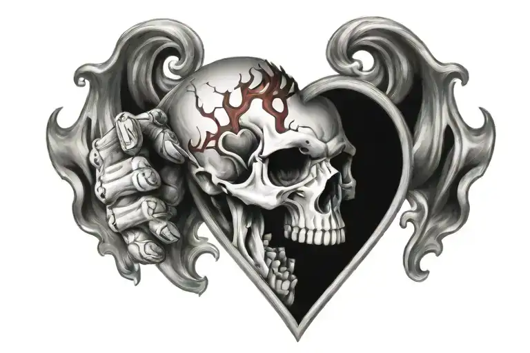 Skull Hand Holding A On Flames Heart On Top Chessboard Background