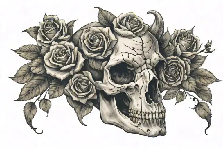 Ram Skull With Roses Blooming