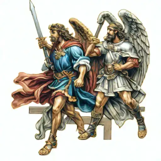 Design A Detailed Portrait Of Saint Michael And Saint Andrew In A Dynamic Pose