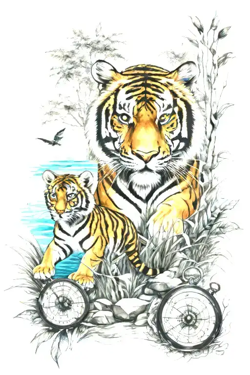 Tiger Cubs Playing On Grass With Mama Tiger River And Trees A Compass Ocean