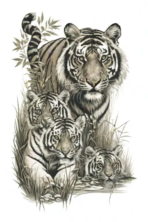 Tiger Cubs Playing On Grass With Mama Tiger River And Trees A Compass Ocean