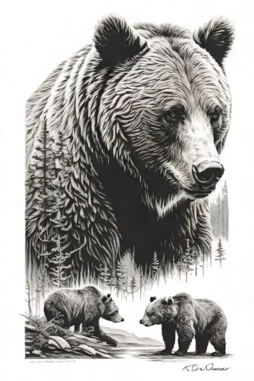 Grizzly Bear Black And Grey Nature Scene Featuring