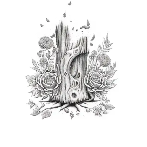 Tree Stump With Flowers And An Axe