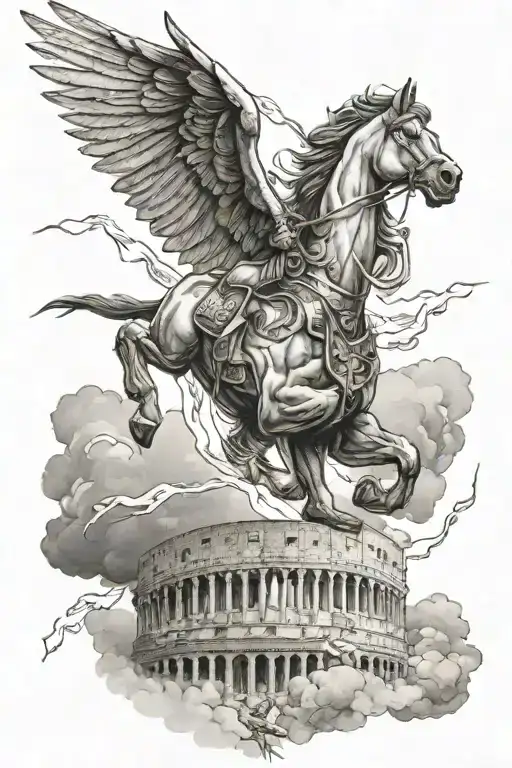 Pegasus Horse With Wings Flying Over Colloseum With Spartan Fighting With Lightning Sky