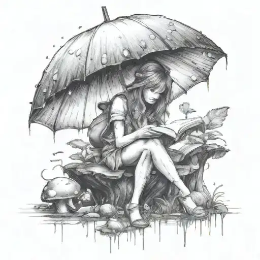 A Realistic Portrayal Of A Fairy Reading A Book Under A Mushroom Umbrella During A Rainstorm