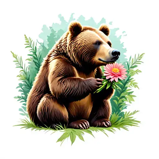 Grizzly Bear Sitting With A Flower In Its Hand Side View