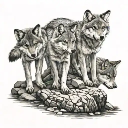 3 Little Wolves Playing On The Rocks