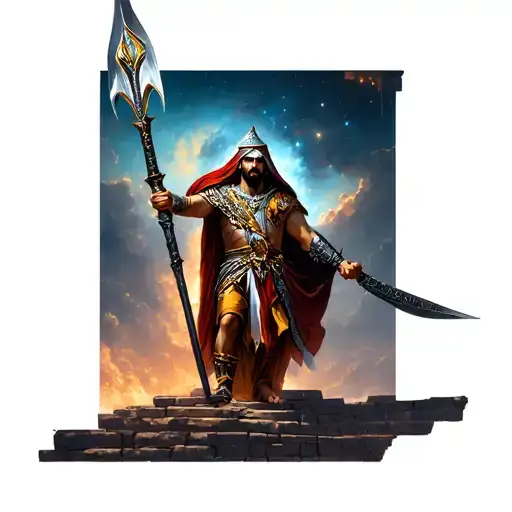 Arabia King Warrior Hold A Special Spear After A Battle Standing On A Temple In The Night Sky