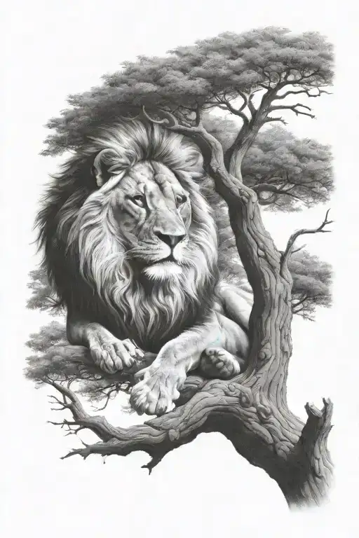 Little Lion Sitting On A Big Tree With Big Treecrown In Optical Illusion