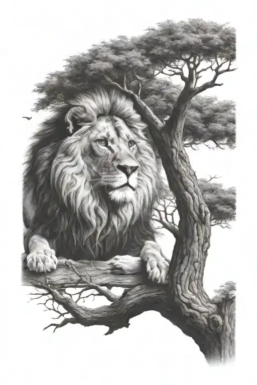 A Young Lion Sitting On A Big Tree With Big Treecrown In Optical Illusion