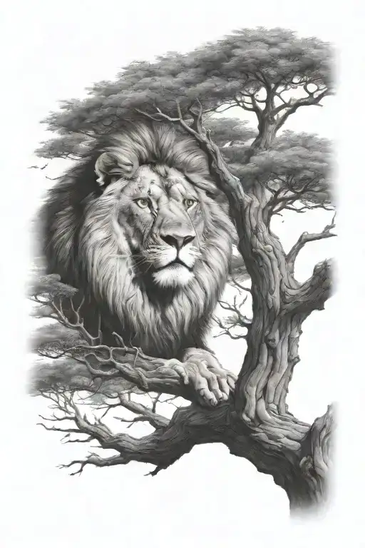 One Year Old Lion In Big Tree Growing Inside