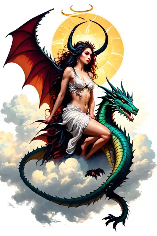 Beautiful Devil Woman With Halo Riding Dragon Above The Clouds With Sun Shinning