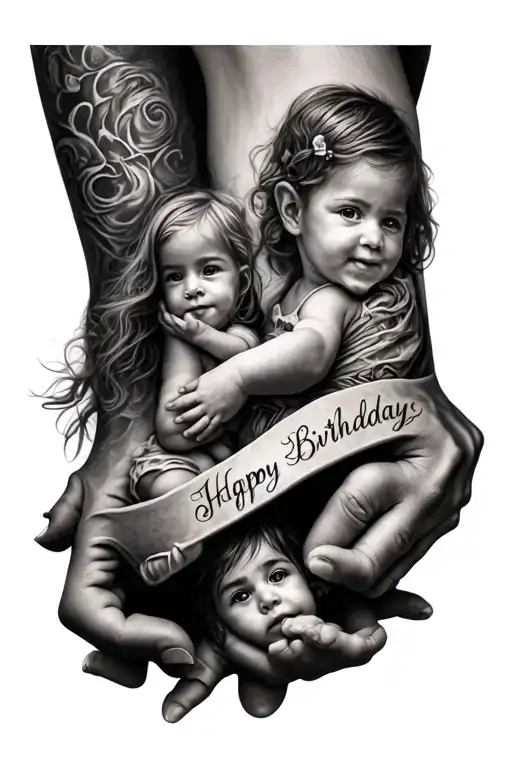 3-D Arm Tatoo Where It's Carved Into The Skin In Svript With My Kids Birthdays And Names