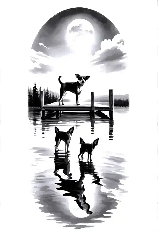 3 Chihuahua Dogs Sunset Over Lake Reflecting Jetty Black And White