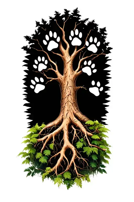 Paw Prints Like Roots Into Growth Of Tree