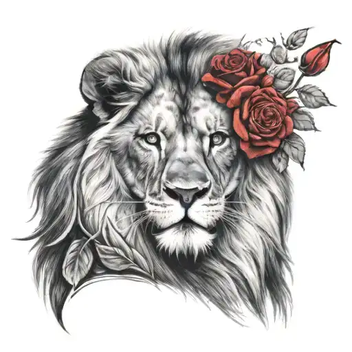 Black And White Lion With Blue Eyes And Red Roses