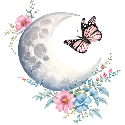 Moon With Butterfly And Flowers