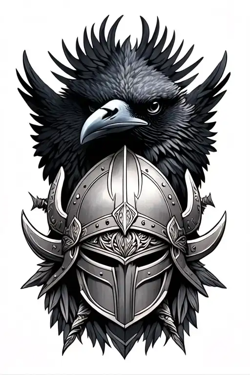Create A Feminine Tattoo Featuring A Black Raven And A Viking Helm Of Awe