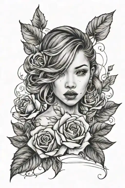 A Tattoo Design Of A Girl With A Kpop Inspired Hairstyle Holding A Bloody Rose