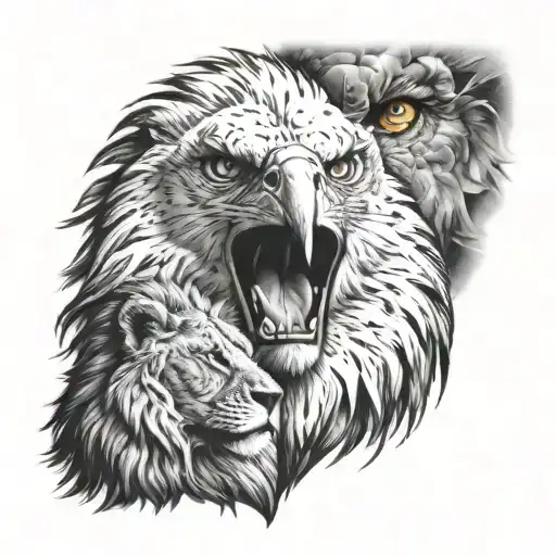 Eyes Of An Eagle Looking Eachother To The Eyes Of A Lion In A Square