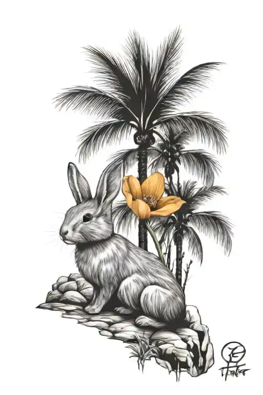 California Poppy Flower With Palm Trees And A Little Bunny