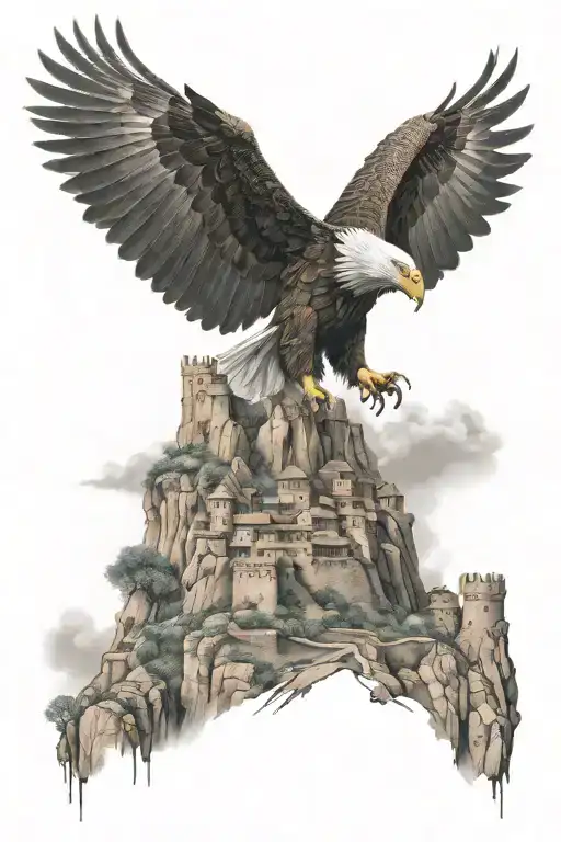 Alamut Castle And Eagle Flies Above It