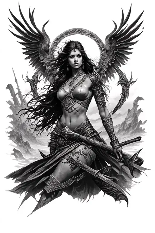 Woman Warrior In Dark Fantasy Landscape
