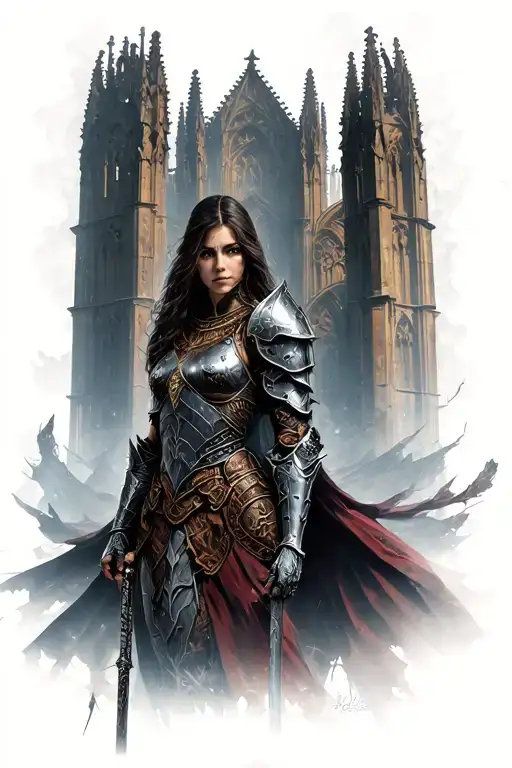 Woman Warrior Hurt In Full Armor In Dark Fantasy Landscape And Cathedral Schema