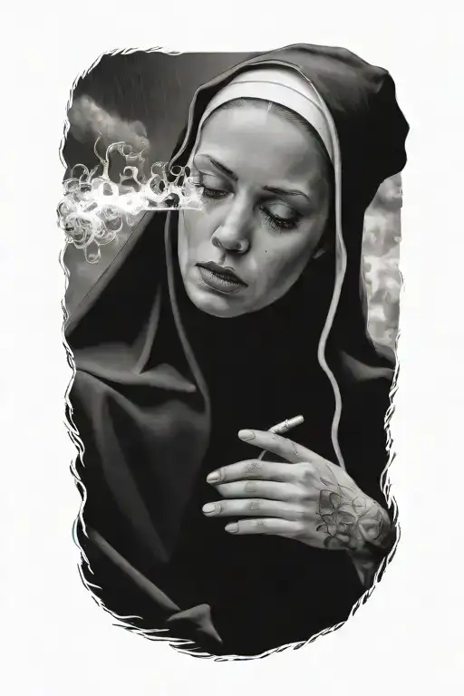 The Face Of A Sexy Young Nun With Cigarette In Thunderstorm