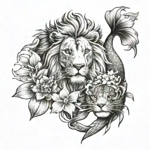 Lion And Koi Fish With Flowers