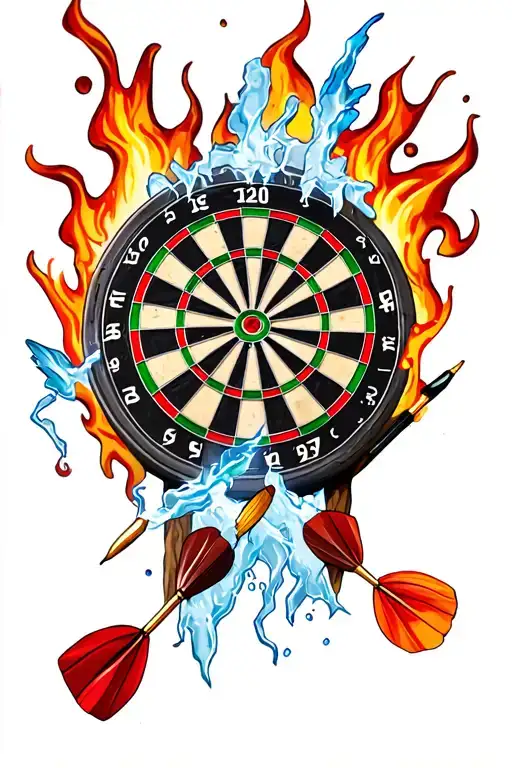 Dartboard With Three Darts On Fire Lightning Ice