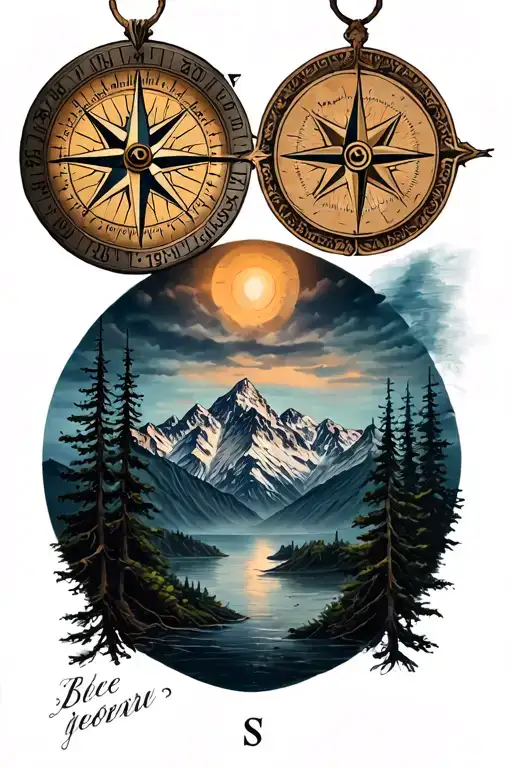 Compass Mountains And Trees Dark At The Bottom