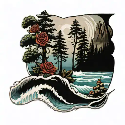 Redwood Trees And Roses And Ocean Wave Crashing