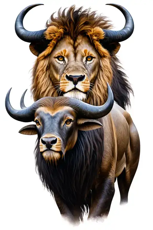 Cape Buffalo And Lion Together Symbolizing