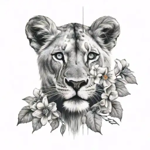 Black And White Lioness Inside Of A Cross With Blue Eyes And Flowers Around It