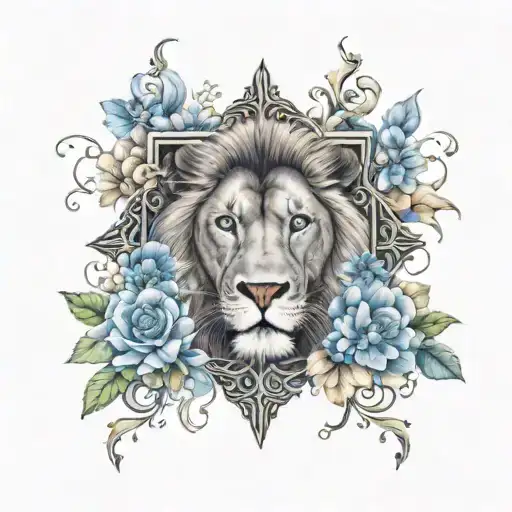 Cross With A Lion Inside Of It With Blue Eyes And Flowers Around It