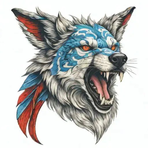 Blue Eyed Wolf Head With Red Dragon Wings