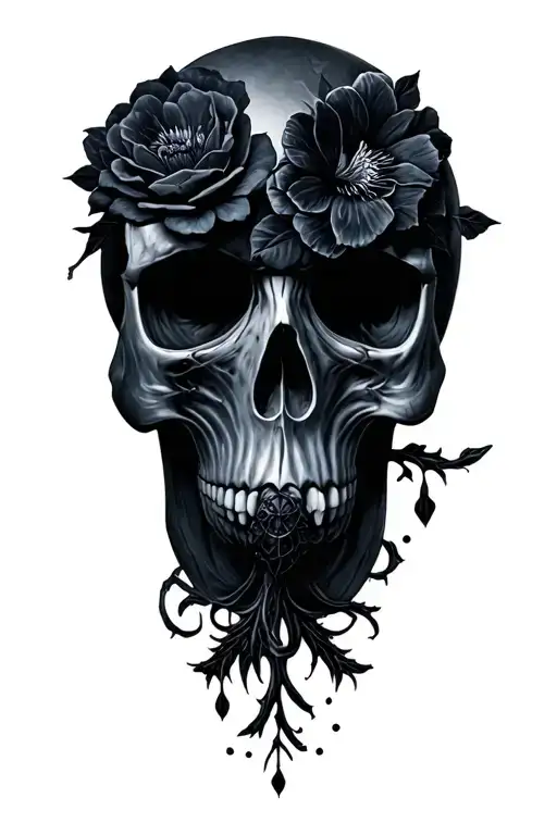 Skull Flowers And Raven