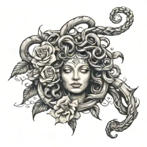Medusa Tattoo With Flowers And Inspirational Words Around Her Head