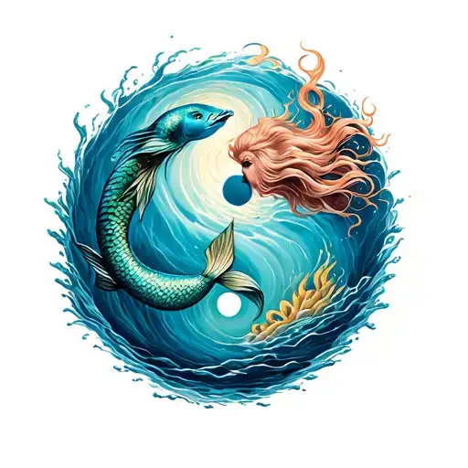 Posieden And Mermaid Swimming In Ying Yang Configuration