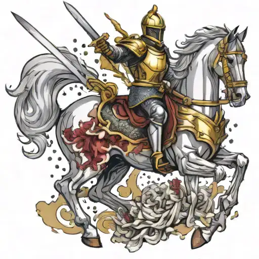 Bleeding Paladin Knight Wearing Gold Armor Swinging A Huge Sword While Riding An Armored Horse