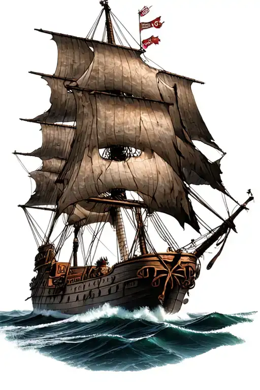 Hunted Pirate Ship Sailing With Big Tattered Sails
