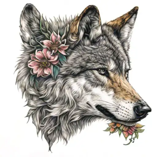 Wolf With A Stripe In His Eye With A Flower