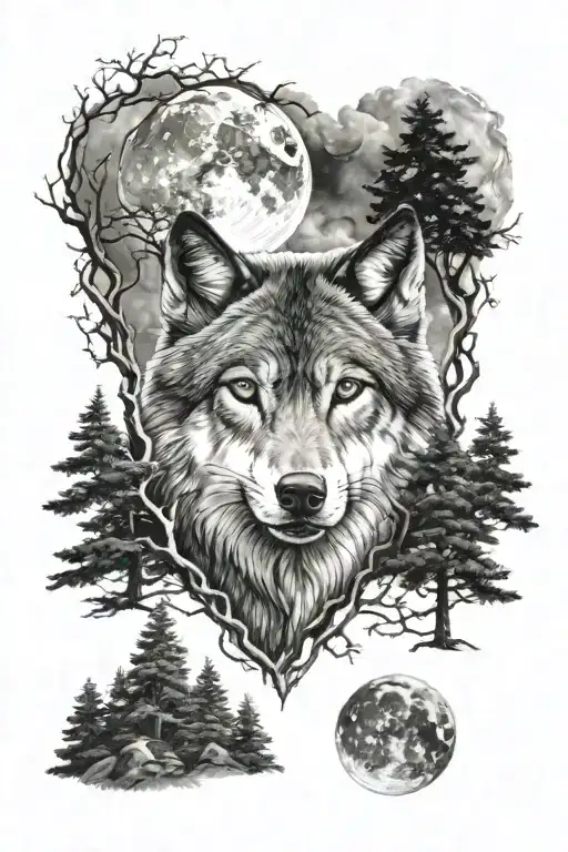 Wolf Face Trees Moon Fireplace