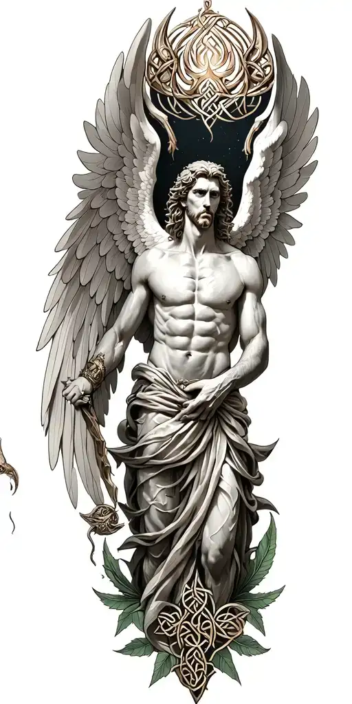Lucifer With Wings In Style Of Greek God Surrounded By Celtic Leaves